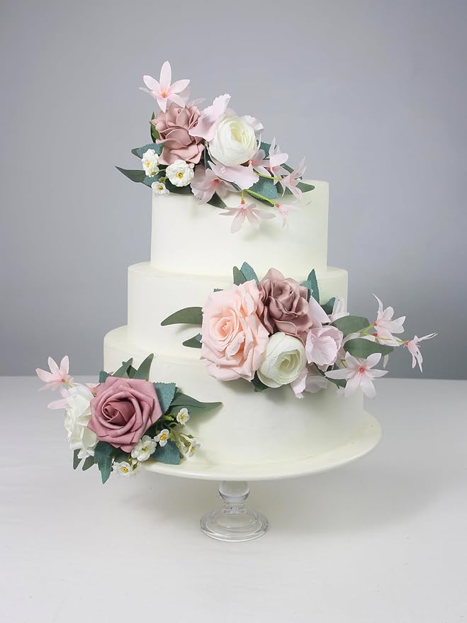 Rinlong 3Pcs Pre-made Cake Flowers Dusty Pink Cake Decorations Wedding Cake Decorating Flowers Decor Birthday Baptism Party Artificial Flowers Cake Toppers