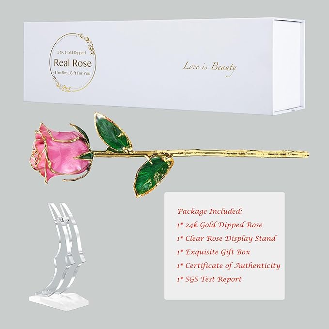 Anniversary Rose Gift for Her, Gold Dipped Rose is Attractive Luster and Natural Shape, Best Gifts for Anniversary Wedding Valentines Day (Pink Original Rose with Stand)