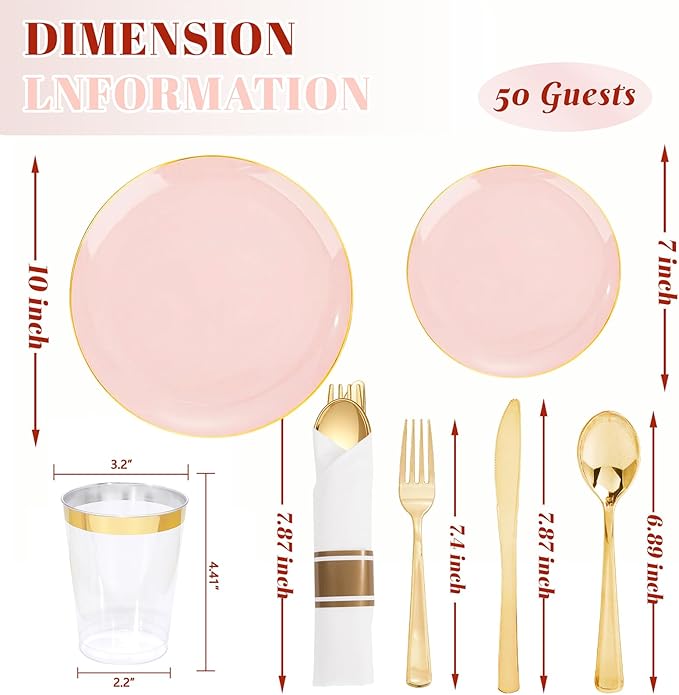 KIRE 350 PCS Pink Plastic Plates - Pink and Gold Disposable Dinnerware 50 Guest Include 50 Dinner Plate - 50Dessert Plate - 50Pre Rolled Napkins with Silverware for Valentine’s Day/Wedding/Baby Shower