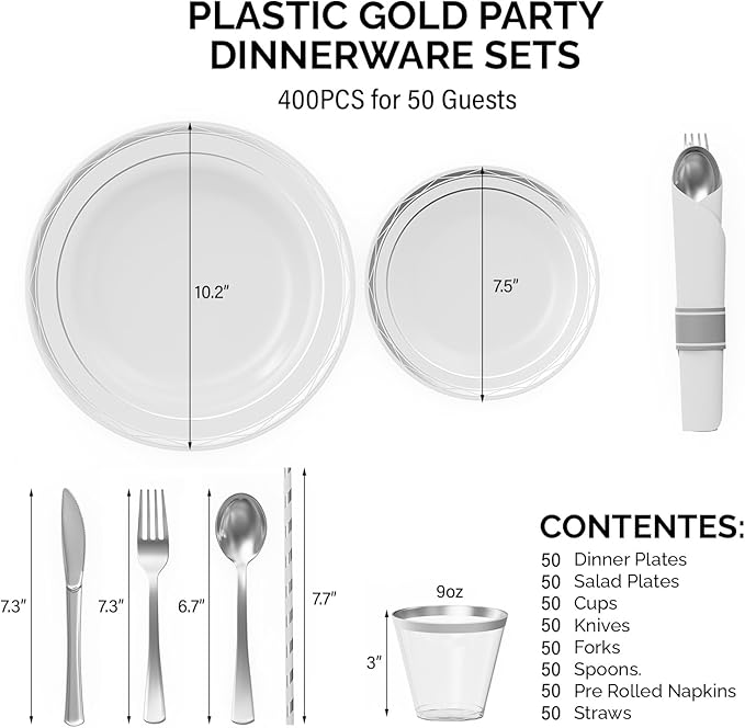ROVSUN 400pc Silver Disposable Dinnerware Set for 50 Guests, Elegant Plastic Plates & Napkins, 50 Dinner & Dessert Plates, 50 Cups, 50 Straws