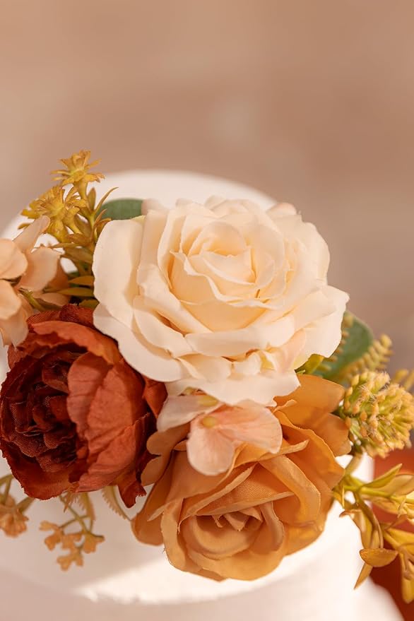 TINGE TIME 3Pcs Pre-made Cake Toppers,Silk Artificial Flowers Decor,Cake Decorations for Weddings, Birthdays, Party,Baby Shower,Celebration (Burnt Orange)