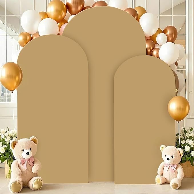 Arch Backdrop Stand and Cover Set 6FT, 6.6FT, 7.2FT Metal, Brown Spandex Arch Backdrop Cover for Wedding, Baby Shower, Banquet Decorations