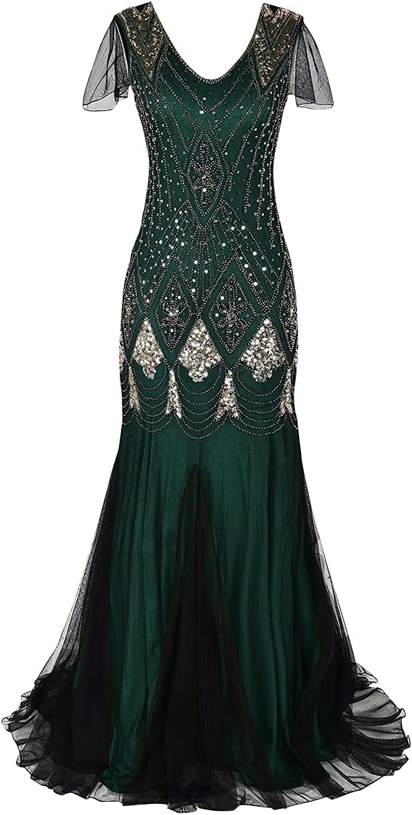 Women Vintage 1920s Gatsby Flapper Evening Party Dress V Neck Art Deco Sequins Mermaid Hem Cocktail Formal Long Maxi Gown