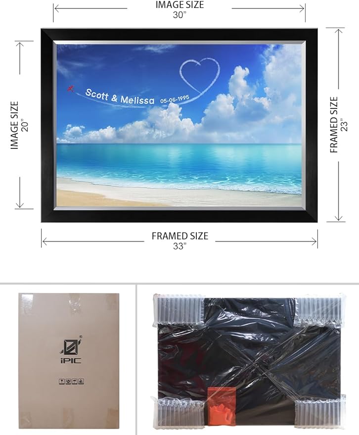 IPIC - Seaside Skywriting Personalized Artwork with Names and Date on, Customized Gift for Anniversary,Wedding,Birthday and Holidays. Framed Size:33x23