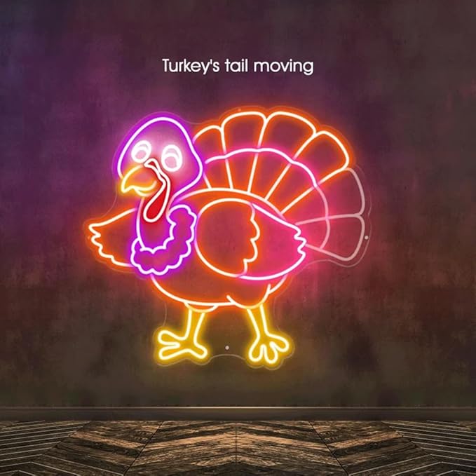 3D Turkey Tail Moving Neon Sign, Turkey Thank Giving days, Thanksgiving Rooster Turkey Neon Sign, Thanksgiving party Decor Size:20x18inches