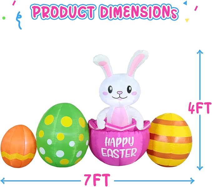 7FT Long Easter Inflatable Bunny Outdoor Decorations with Eggs, Build-in LED Lights Holiday Blow Up Yard Decoration, for Easter Holiday Party, Outdoor,Garden, Yard Lawn Décor