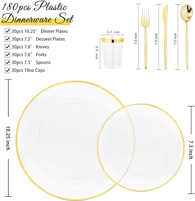 EI 180pcs Gold Plastic Plates,Clear Plates with Gold Trim,Plastic Plate for Party,Clear Dinnerware Set Silverware Cups for Baby Shower,Wedding,Spring Afternoon Tea
