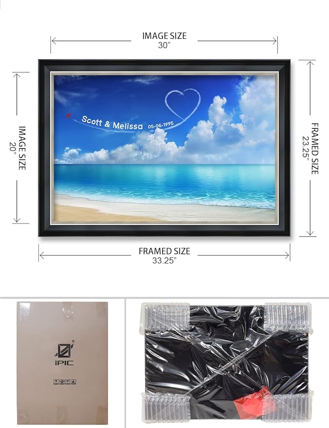 IPIC - Seaside Skywriting, Personalized Ideal Gift Custom Framed Wall Art with Names and Date, Giclee Prints with Solid Wood Frame, Unique and Memorable Present. Wall Art for Home Decor.