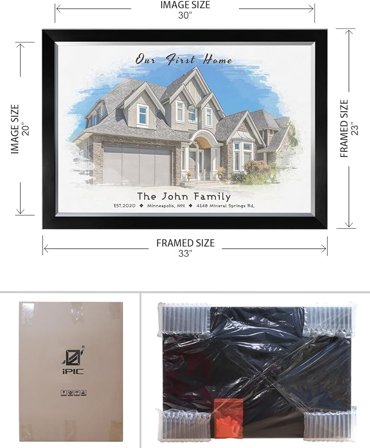 IPIC - Custom Watercolor House Portrait.Personalized Artwork with Names and Date on, Customized Gift for Anniversary,Wedding,Birthday and Holidays. Picture size: 30x20, Framed Size: 33x23