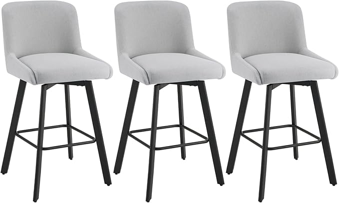 Swivel Bar Stools Set of 3, 29''H Upholstered Barstools with Backs, Modern Counter Height Bar Stool Chairs for Kitchen Island, Metal Legs, Fabric, Light Gray Counter Stools