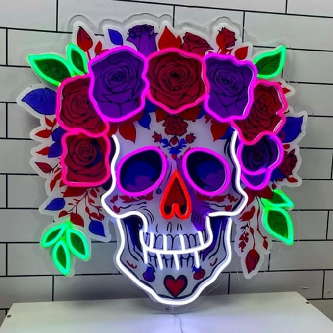 Skull Flower Neon Acrylic Print Sign, Floral Sugar Skull Led Light Sign, Custom Neon Sign, Skull Wall Decor, Halloween Home Decor Size:18inches