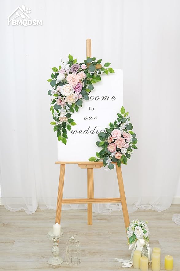 Faux Flowers Wedding Welcome Signs Floral(Pack of 2),Wedding Arch Flowers Swag for Decorations and Reception Backdrop Decoration (Pink)