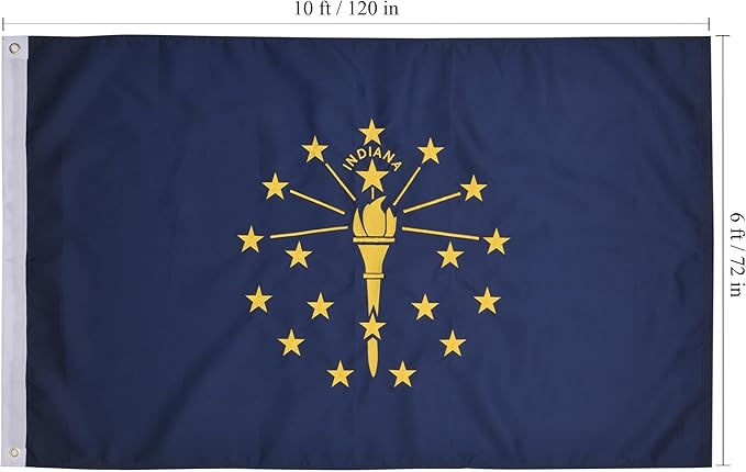 Indiana State Flag 6x10 Ft, Deluxe Full Embroidered Heavy Duty 100% Polyester Durable IN Outside Flags, Indoor/Outdoor, Sewn Stripes and Brass Grommets