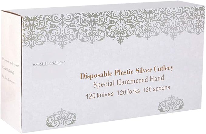 Supernal 360pcs Silver Plastic Cutlery,Elegant Plastic Silverware,Silver Hammed Silverware,Disposable Flatware,Include 120 Forks,120 Knvies,120 Spoons,Perfect for Birthday,Party,Wedding