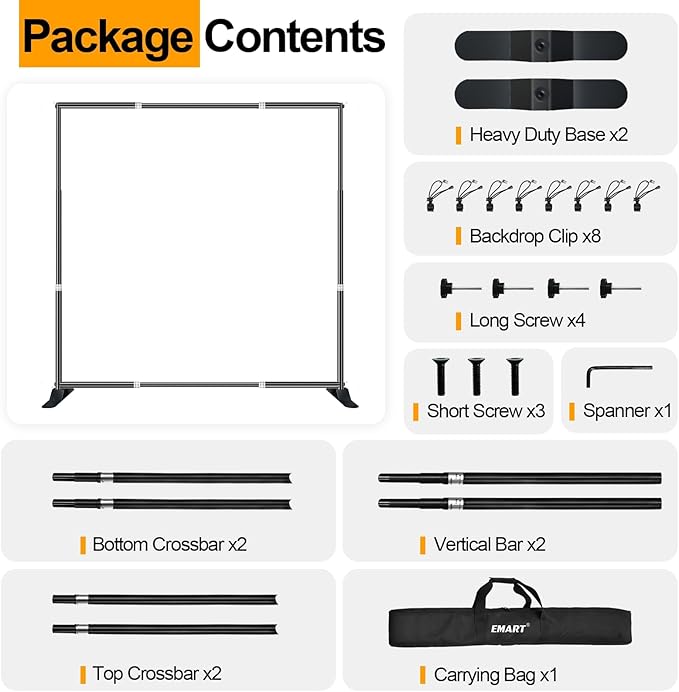 EMART 10x10 ft Heavy Duty Banner Backdrop Stand Kit, Adjustable Frame for Step and Repeat Backdrops, Ideal for Photography, Trade Shows, and Photo Booths