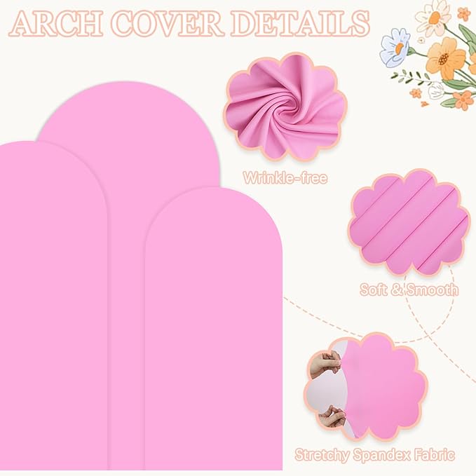 Arch Backdrop Stand and Cover Set 6FT/5FT/4FT Pink Spandex Fitted Arch Stand Cover Metal Chiara Arched Frame Backdrop Set of 3 for Birthday Party Baby Shower Graduation Ceremony Decorations