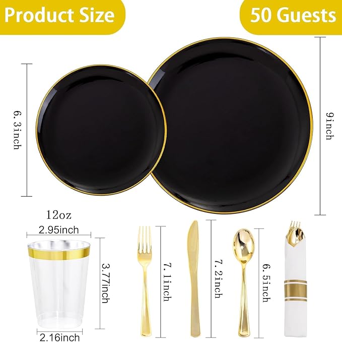 KIRE 350 PCS Plastic Dinnerware Set for 50 Guests - Black and Gold Plates 50 for Dinner 50 for Dessert & 50 Pre Rolled Napkins with Disposable Silverware 50 Cups for New Year/Banquet/Wedding