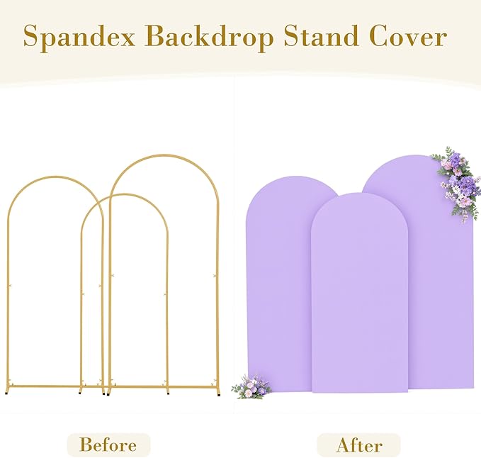 Purple Arch Cover 3 Set - 6FT, 6.6FT, 7.2FT Lavender Arch Backdrop Cover Spandex Wedding Arch Stand Covers for Baby Shower Girls Birthday Party Wedding Bridal Shower Photo Background Decorations