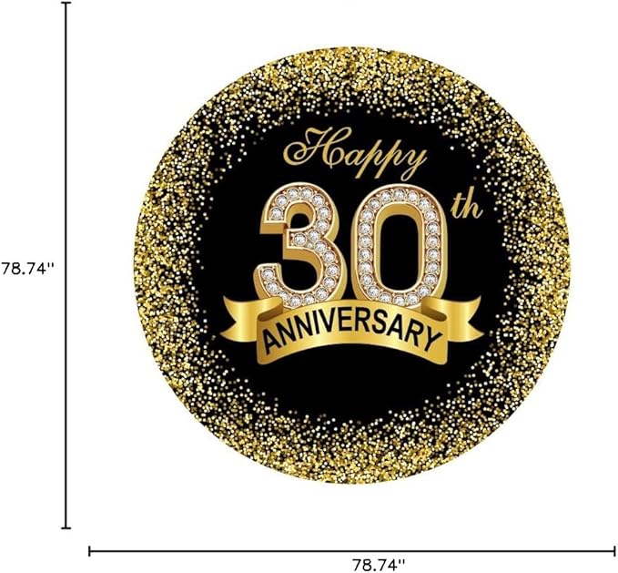 6.5x6.5ft Happy 30th Anniversary Round Backdrop Cover Diamond Black Gold Happy 30th Years Wedding Anniversary Party Theme Photo Background Luxurious Gold Sequins Banquet Circle Backdrop Decor