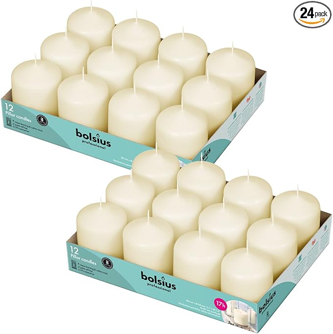 BOLSIUS Ivory Pillar Candles - 2.3 x 3 Inches - 2 Packs = Total 24 Candles - 17+ Hours - Premium European Quality - Consistent Smokeless Flame - Unscented Dripless Eco-Friendly Pillars