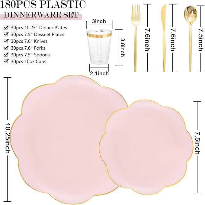 EI 180pcs Pink Plastic Plates with Gold Plastic Silverware,Party Plates Disposable,Pink Dinnerware Set for Afternoon Tea,Wedding,Birthday,Easter,Spring,Mother's Day,Valentine's Day