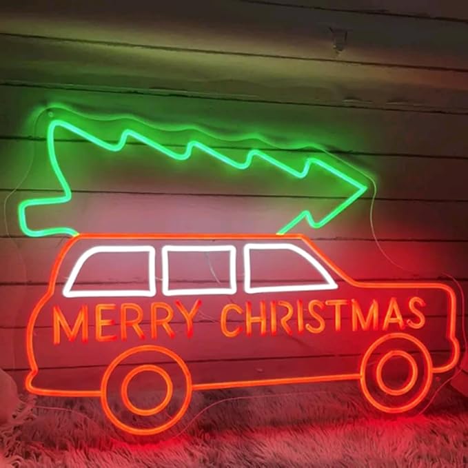 Merry Christmas Truck Neon Sign, Custom Christmas Tree LED Neon Light Home Wall Decor Farm Holiday Decor Christmas Red Truck Wall Art Gift Size:20x13inches