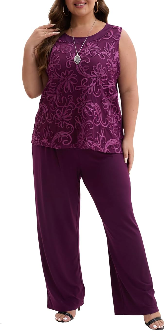 Plus Size 3 Piece Floral Embroidered Pantsuit Set Women Mother of Bride Wedding Guest Formal Evening Cocktail Party Attire