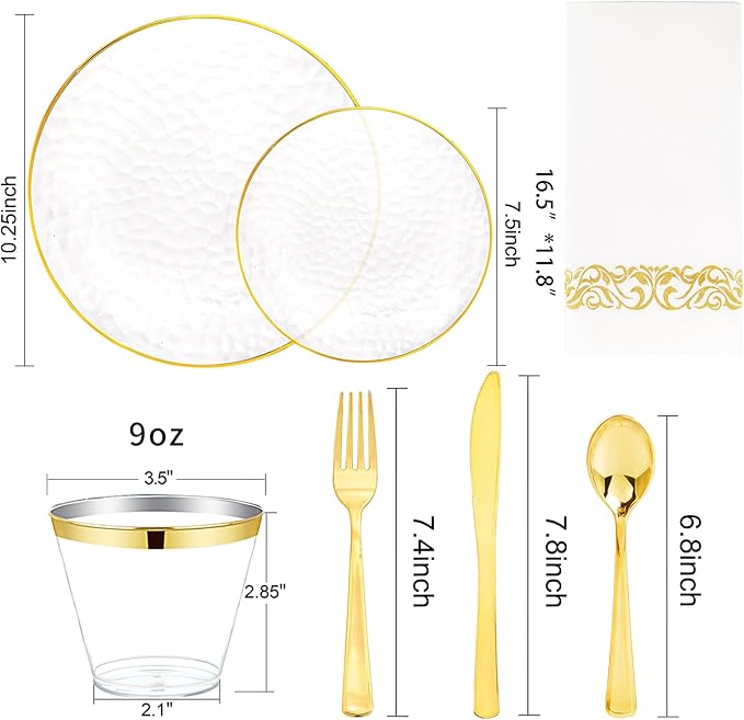 DaYammi 350PCS Clear Gold Plastic Dinnerware Set for 50 Guests, Hammered Disposable Plates for Party, Include: 50 Dinner Plates, 50 Dessert Plates, 150 Gold Silverware, 50 Napkins, 50 Cups