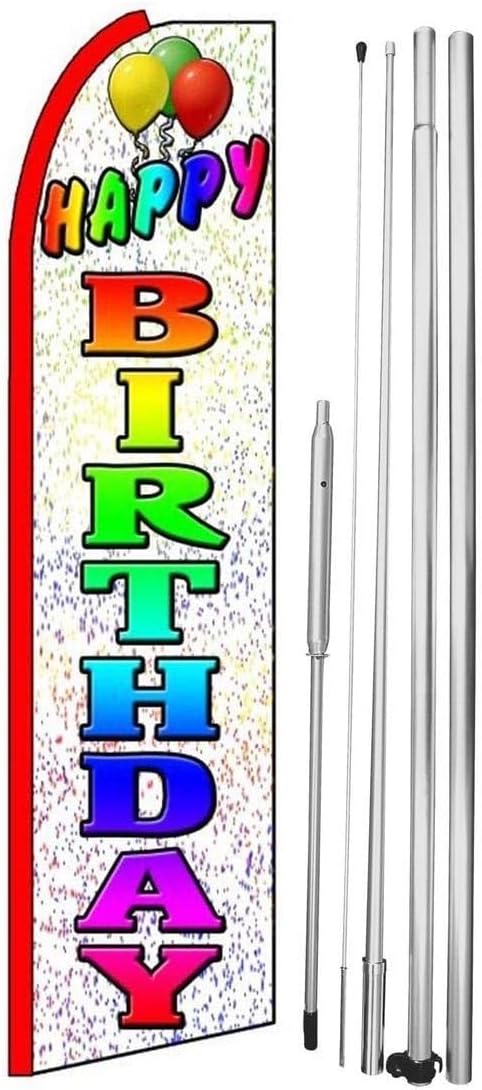 Happy Birthday Feather Flag | 3ft W x 11.5ft H | Durable Super-Knit Polyester with Aluminum Flagpole and Ground Spike | Outdoor Advertising Banner Flag for Promotions | One Kit w/Hardware