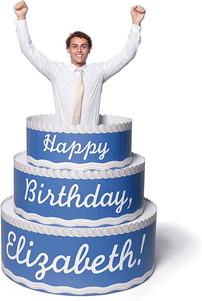 Anderson's Blue & White Personalized Pop-Out Birthday Cake, Life-Size Faux Cake with Fun Font, Custom Name, Surprise Reveal Prop for Milestone Parties, Photo Ops, Store or Business Events, 4'x4'
