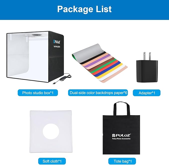 PULUZ Portable Photo Studio Light Box, 50cm x 50cm Photography Light Tent, Professional Dimmable Photography Studio Tent with 12 Color Backdrops, CRI≥90, Photo Box for Product Photography