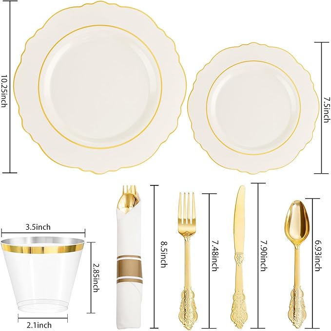 Liacere 350PCS Ivory Plastic Plates - Cream Disposable Plates With Gold Rim - 50Guest Baroque Plastic Dinnerware include 100 Plates - 50 Pack Pre Rolled Napkins with Silverware 50Cups for Easter