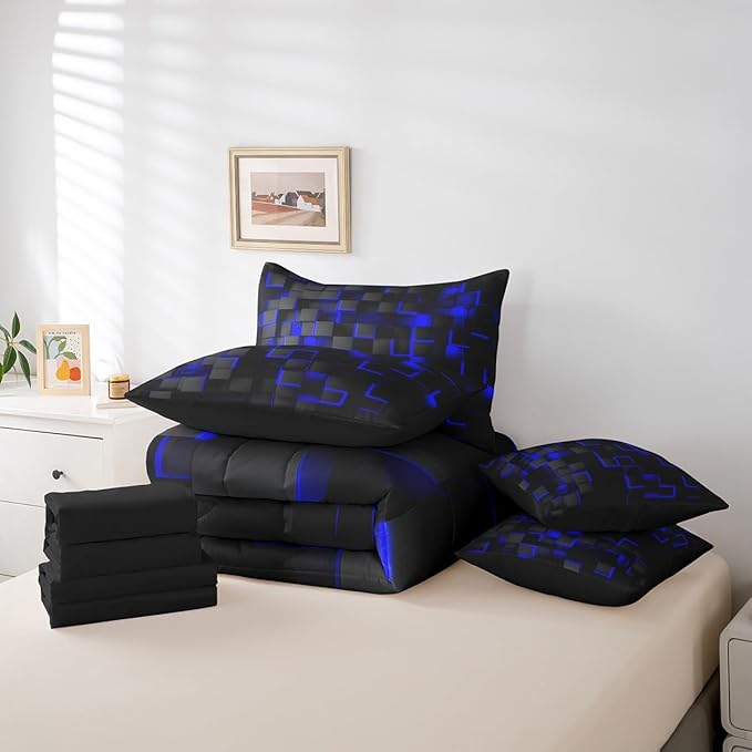 Feelyou Blue and Black Bedding Set Twin Size Light Geometric Comforter Set with Sheets 7 Piece for Kids Boys Decor Bed in a Bag Modern Style Bed Set