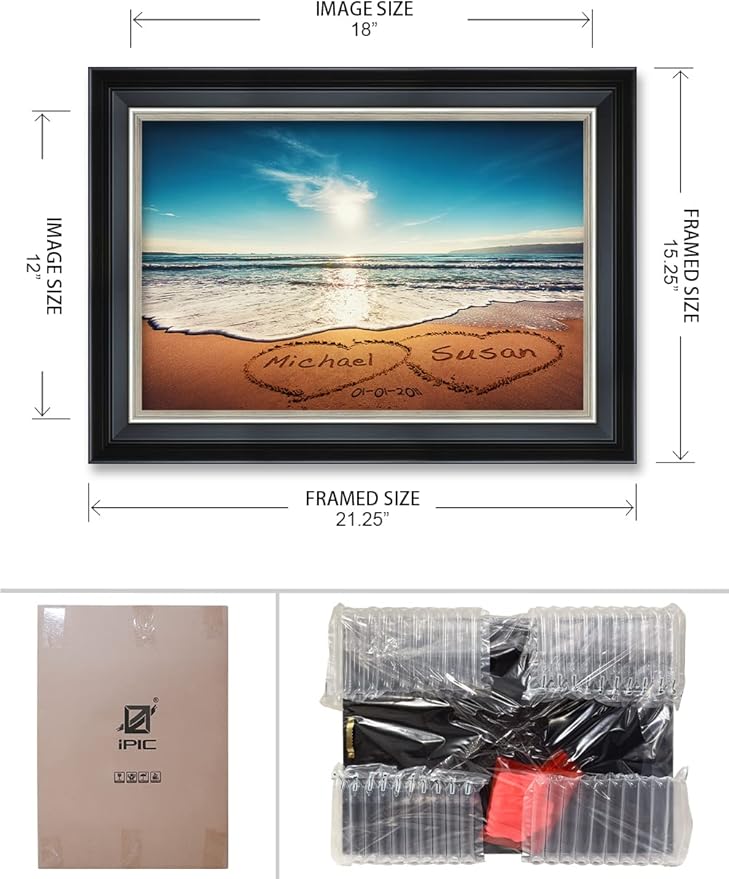 IPIC - Heart in Heart, Personalized Framed Wall Art with Names and Date on, Giclee Prints with Solid Wood Frame, Customized Gift and Memorial Gifts for Wedding Anniversary.