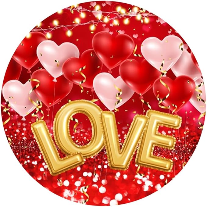 Valentine's Round Backdrop Cover Red Glitter Heart Balloons Love Lights Sweethearts Romantic Lover Photography Background Wedding Anniversary Party Banner Party Props 7.2ft