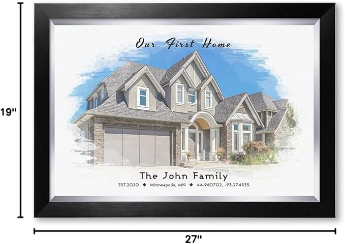 IPIC - Custom Watercolor House Portrait.Personalized Artwork with Names and Date on, Customized Gift for Anniversary,Wedding,Birthday and Holidays.Picture size: 24x16, Framed Size: 27x19