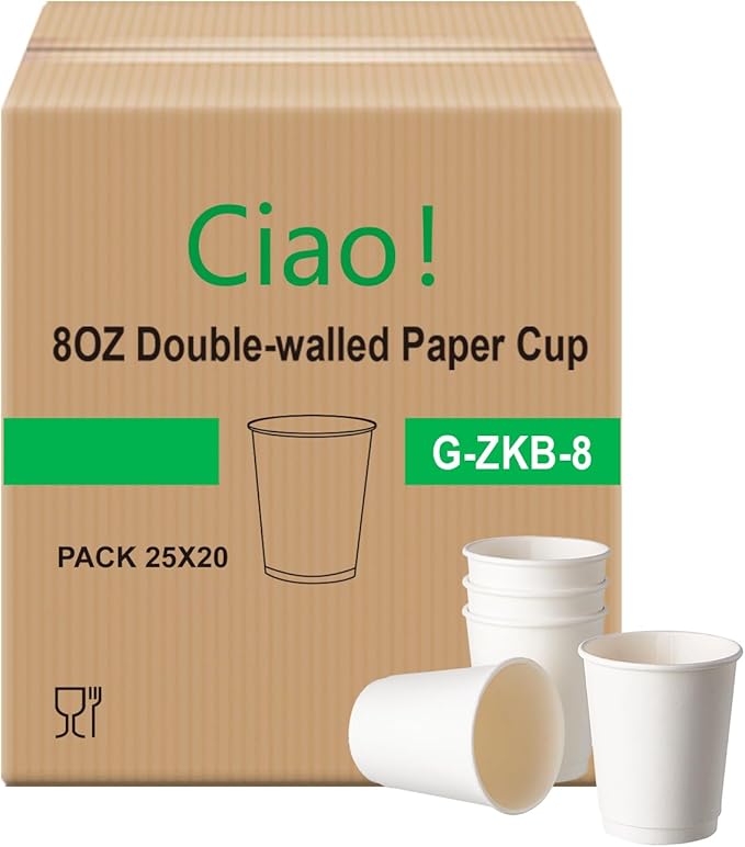 CIAO! 8 oz Insulated Double Wall White Paper Hot Cup, 80mm Diameter, 500 Count