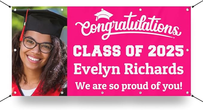 Personalized Graduation Photo Vinyl Banner Sign - Class of 2025 Custom Photo and Name - Milweb1 - Pink - 4'x8'