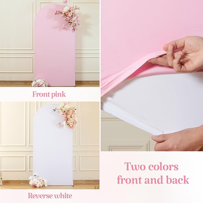 Pink and White Arch Backdrop Cover Set of 3 - Spandex Arch Covers 7.2FT 6.6FT 6FT Stretchy Fabric Backdrop for Wedding Ceremony, Bridal Baby Shower, Birthday Party, Photo Booth Background Decor