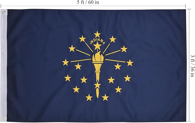 Indiana State Flag 3x5 Ft, Deluxe Full Embroidered Heavy Duty 100% Polyester Durable IN Outside Flags, Indoor/Outdoor, Sewn Stripes and Brass Grommets
