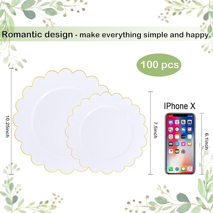 supernal 100pcs White and Gold Plastic Plates Scalloped Plastic Plate - Plastic Plates for Party,Pretty Dinner Plate Perfect for Valentine's Day Wedding and Birthday