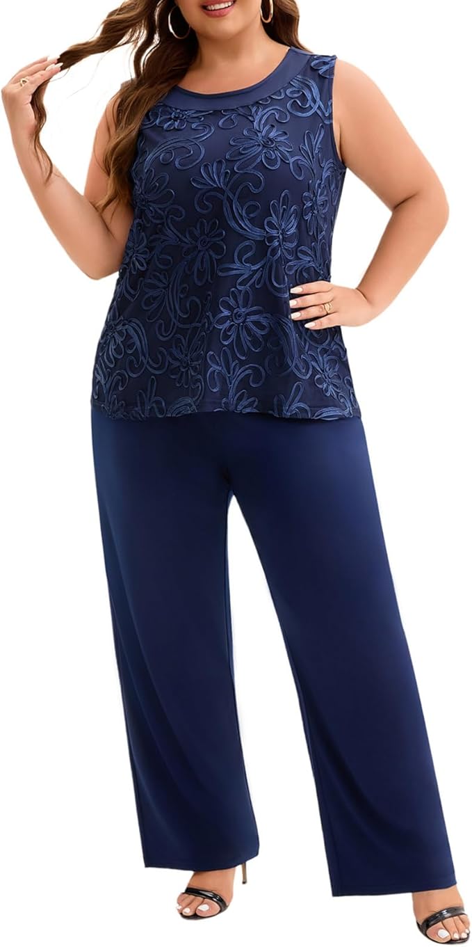 Plus Size 3 Piece Floral Embroidered Pantsuit Set Women Mother of Bride Wedding Guest Formal Evening Cocktail Party Attire