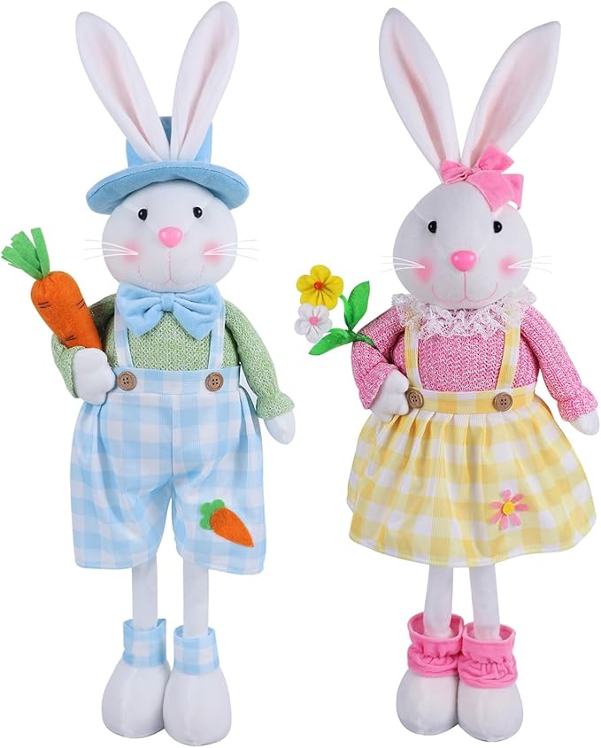 Juegoal 2 Pack Easter Decorations Standing Bunny with Stretchable Legs, 23" to 32" Handmade Easter Rabbit Couple Statues, Cute Photo Props Gifts for Office Kitchen Farmhouse Spring Home