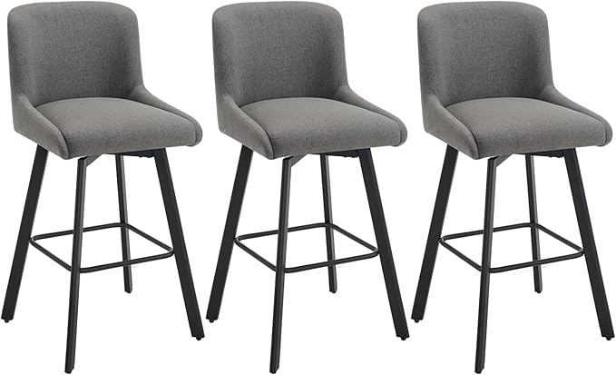 Swivel Bar Stools Set of 3, 29''H Upholstered Barstools with Backs, Modern Counter Height Bar Stool Chairs for Kitchen Island, Metal Legs, Fabric, Gray Counter Stools