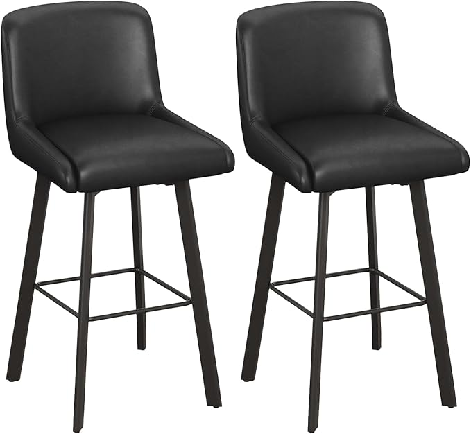 Swivel Bar Stools, 29''H Upholstered Barstools with Backs, Modern Counter Height Bar Stool Chairs for Kitchen Island, Metal Legs (Black- Faux Leather, Set of 2-29" H)