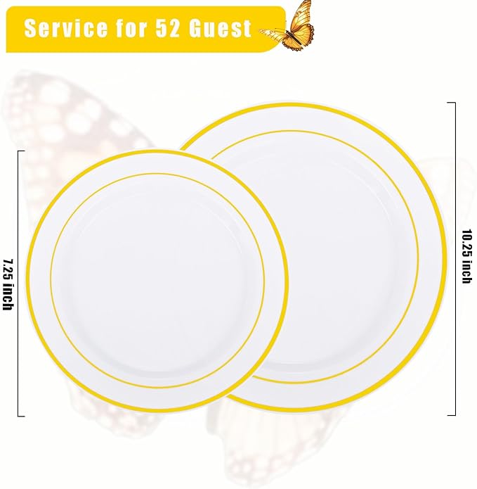 Supernal 102pcs White and Gold Plastic Plates,Disaposable Plates Heavy duty,Fancy Gold Plastic Dinnerware Set included 51 Dinner & Dessert Plates for Valentine's Day Mother's Day and Easter