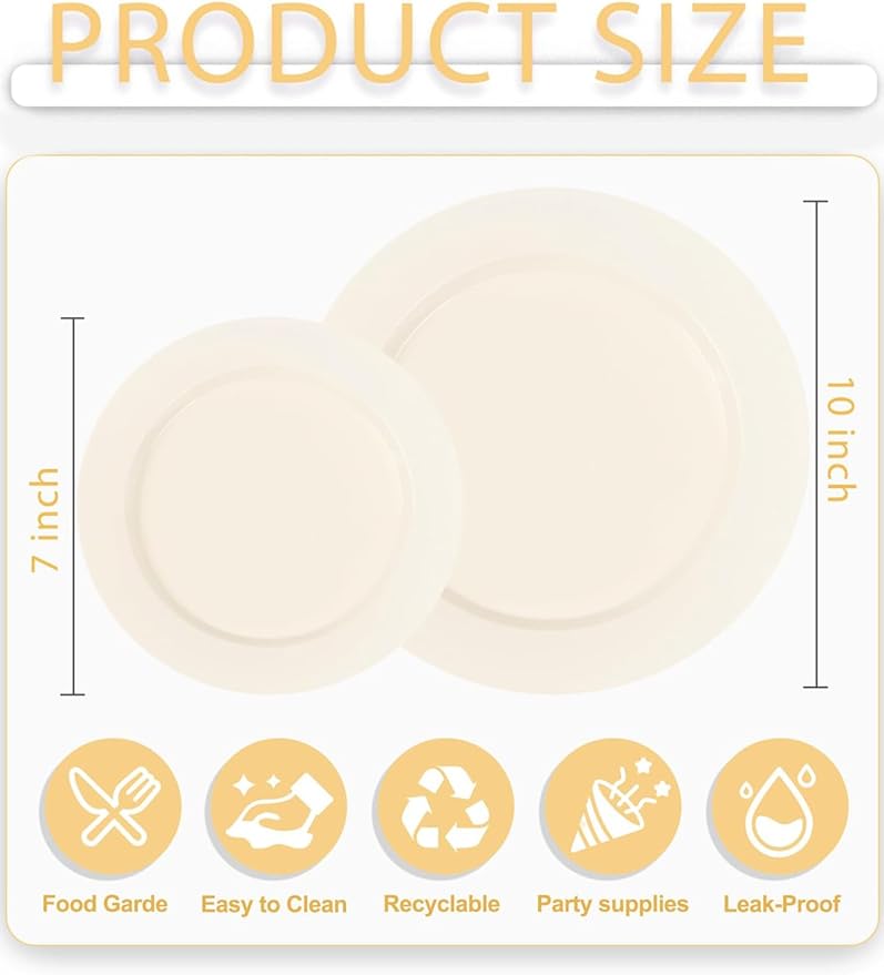 WDF 200PCS Ivory Plastic Plates - Elegant Ivory Disposable Plates for Party- Include 100 Dinner Plate 10’’ and 100 Plastic Dessert Plate 7’’ Perfect for Wedding/Party/Valentine's Day