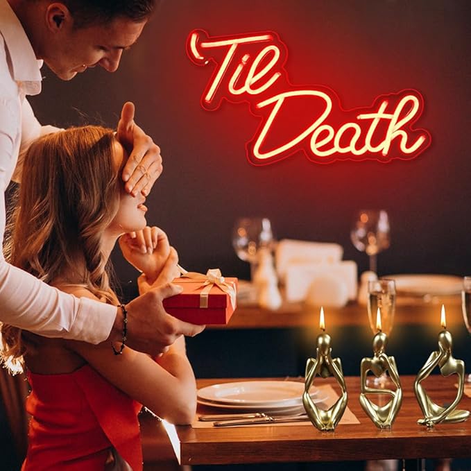 JXIN Til Death Neon Sign for Wall Decor, Til Death LED Neon Light Signs for Wedding Engagement Birthday Anniversary Proposal Party Bedroom Office, Wedding Gifts for Loved Ones, 16"x9" Red