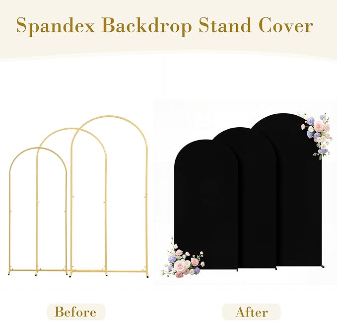 Black Arch Cover 3 Set - 6FT, 6.6FT, 7.2FT Black Arch Backdrop Cover Spandex Wedding Arch Stand Covers for Birthday Party Baby Shower Bridal Shower Wedding Banquet Photo Background Decorations