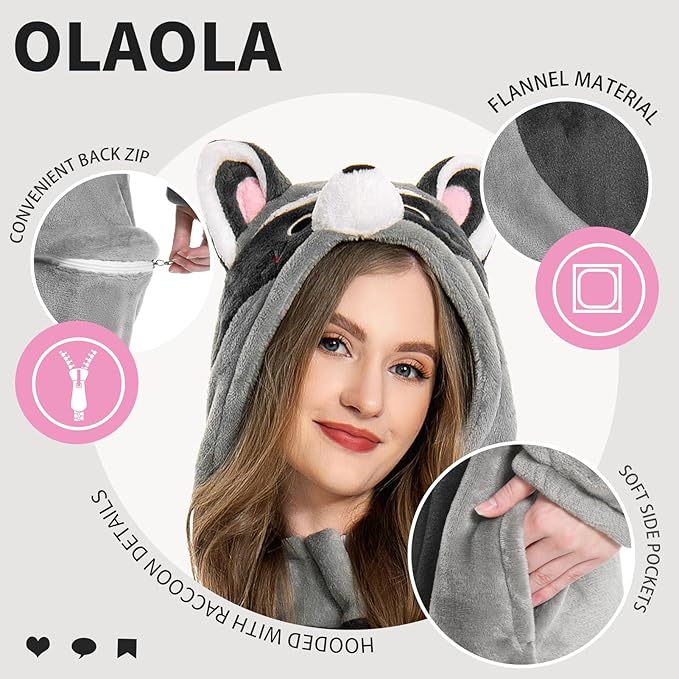 OLAOLA Adult Onesie, Flannel Unisex Animal Pajamas, Plush One Piece Sleepwear Cosplay Party Costume